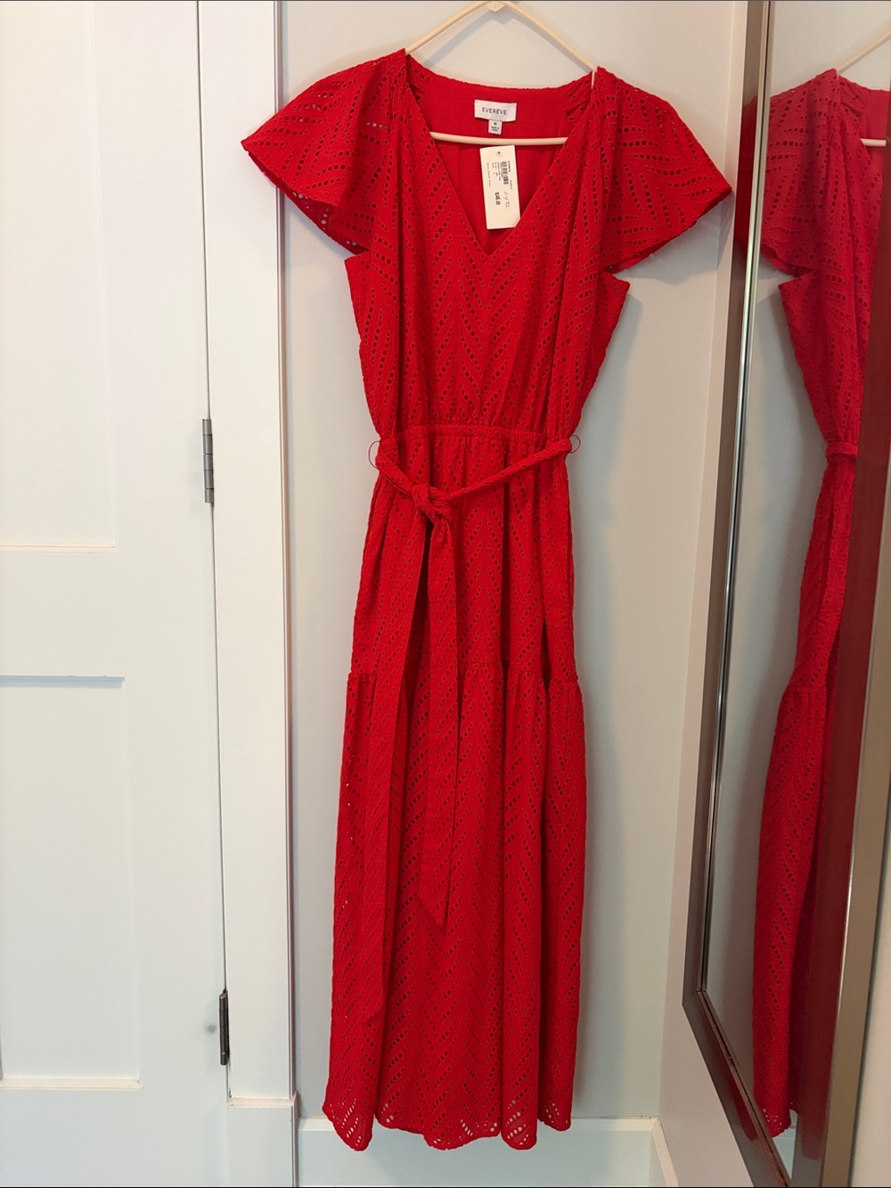 Red Evereve Daisy Eyelet Midi Dress with Tie Waist Like new